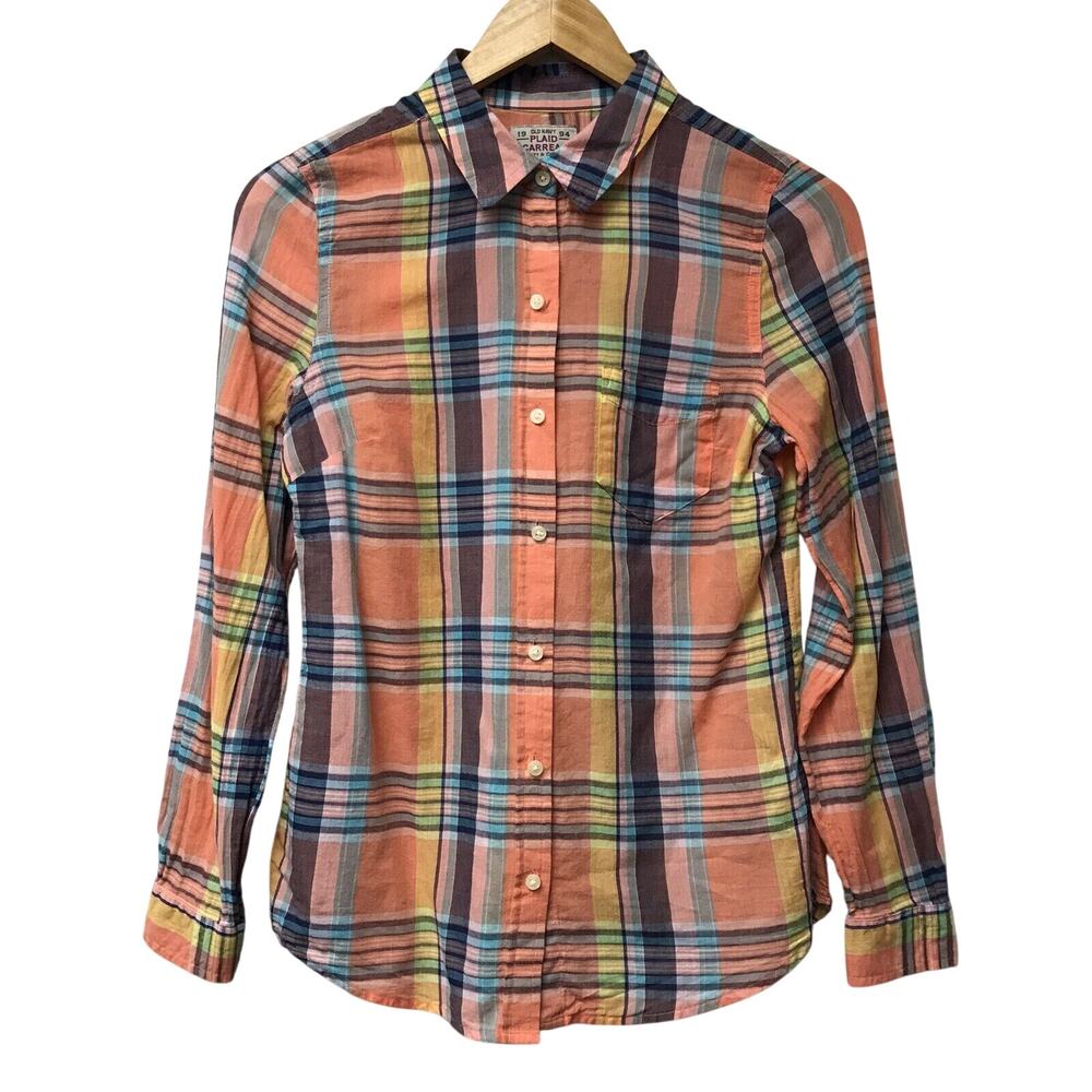 Old Navy Top Womens XS Plaid Orange Pink Blue Yellow